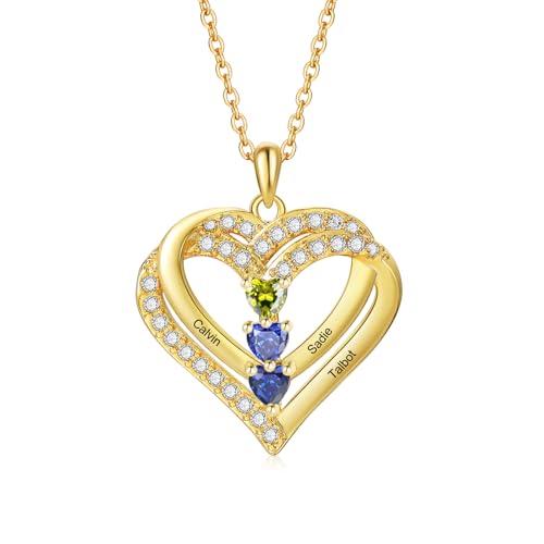Jeweidea Personalisierte Namenskette Silber 925 Damen Kette mit Herz Anhänger Silberkette mit Namen für Mama Oma Geschenk für Muttertag Valentinstag Weihnachten (Gold-3 name)