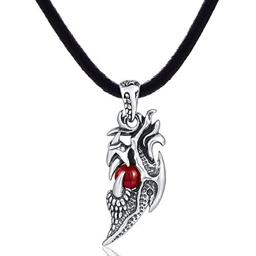 DonDon Herren Lederkette Leder Halskette 50 cm mit Edelstahl Anhänger Drachen Zahn mit roter Kugel