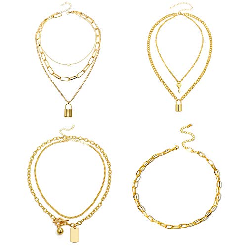 JewelryWe Schmuck 4PCS Halskette Damen mit Schloss Schlüssel Dog Tag Anhänger & Mehrschichtige Choker Kette Geschenk Gold mit Gravur
