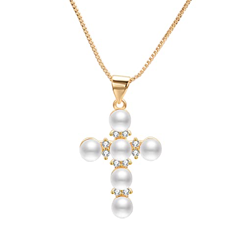 Aleasha Kreuz Perlenkette Damen Perle Anhänger Kreuz Kette Choker Mädchen Kurze Halskette Gold Weiße Perle Weihnachten Schmuck Geschenk
