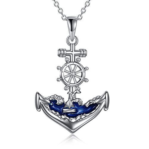 YAFEINI Anker Kette für Damen 925 Sterling Silber Segelboot Möwe Nautische Wellen Halskette Anhänger Anker Schmuck Geschenke für Herren Mädchen