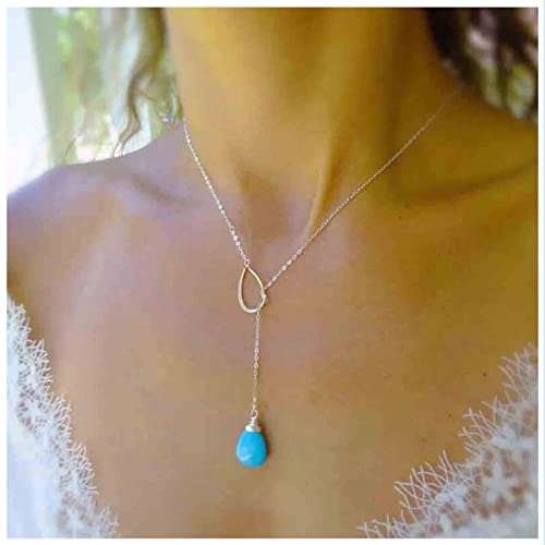 Dervivea Bohemia Türkis Y Lariat Halskette Teardrop Türkis Y Halskette Kette Lang Silber Kreis Halskette Vintage Blau Gem Drop Halskette Schmuck Für Frauen Und Mädchen