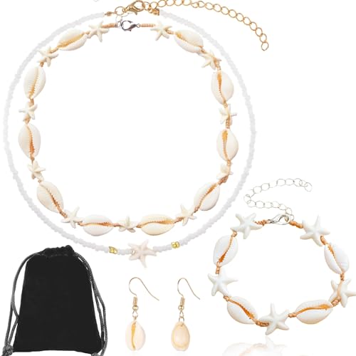 Muschel Halskette Armband Set Muschel Ohrringe Boho Seestern Perlen Choker Kette Muschelkette Meerjungfrau Accessoires Damen Strand Fußkettche Hawaii Sommer Schmuck Mädchen 4 Stück