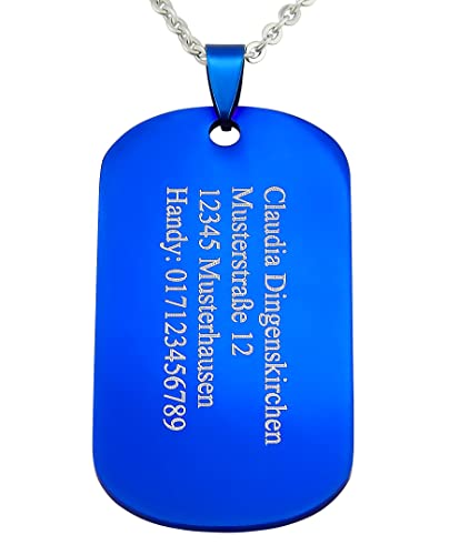 Hanessa Personalisierte Kette mit Gravur Edelstahl 50 cm mit Anhänger Dog Tag Erkennungsmarke in silber blau - Personalisierte Halskette für Männer und Frauen - Personalisierter Schmuck Damen Herren