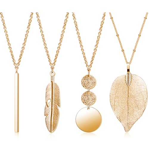 4 Stück Lange Anhänger Halsketten für Frauen,Mode Anhänger Halskette Schmuck Lange Pullover Halsketten Set Silber Bar Feder Kreis Blatt Schloss Quaste Y-Halskette Schmuck-Set Statement Halskette（Gold)