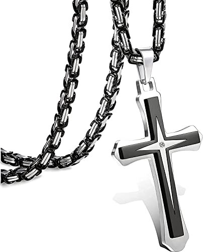 Chriscoco Kreuz Kette für Herren Damen Edelstahl Kreuz Anhänger Kette Schwarz Byzantinische Kette Kreuz Halskette für Herren