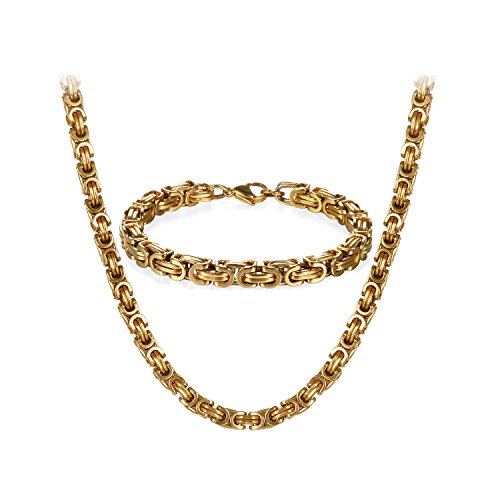 JewelryWe Halskette Armband 2er Set Herren: Gold Edelstahl 8mm Breite Königskette Byzantinische Ketten Set von Halsketten und Armketten für Männer Dick Schwer Kette Hip Hop Punk Schmuck 26 Zoll
