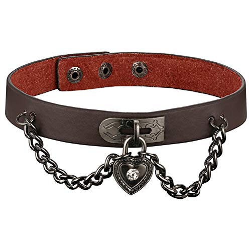 JewelryWe Leder Halsband Herz Choker: Damen Herren Braun Lederhalsband mit Herz Schloss Sperren Kette Anhänger Gothic Punk Kragen Halskette 38,5cm Lederkette für Männer Frauen