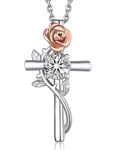 MomentWish Rose Kreuz Kette, Jahrestag Geschenk für sie, 1 Karat Moissanite Silberkette Damen 925 mit Anhänger Halskette für Frauen Mama