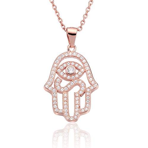 Karisma Damen Silber 925 Roségold Anhänger Fatima Hand Hamsa Nazar Auge Collier Kette Verlängerung 5cm