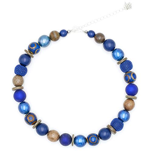 Feliss Handmade: Ketten aus Perlen, Halskette Damen. Statement Kette 45 cm lang in Boho Style. Choker Halsband, aesthetic Necklace Schmuck. Beads Perlenkette für Frauen in blau mit Holzperlen