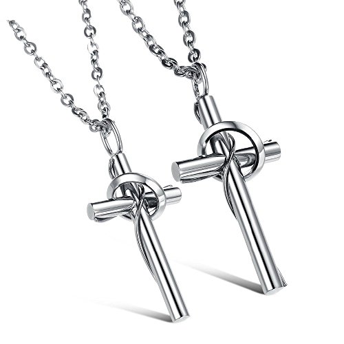 Kim Johanson Pärchen Halsketten  Silver Cross  für verliebte aus Edelstahl mit Kreuz und Ring in Silber inkl. Schmuckbeutel