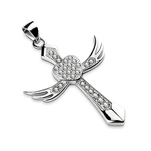 Anhänger Kreuz Flügel Herz Edelstahl Halskette Zirkonia Kristalle Lederkette Damen Herren Cross Heart Wings silber-nur-anhänger