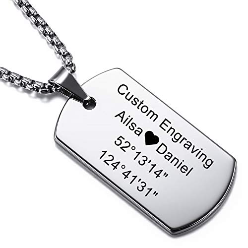 MeMeDIY Personalisierte Dog Tag Halskette Angepasst Gravur Name Datum für Männer Damen Freund Freundin Wolfram Anhänger Liebhaber Jubiläum Valentinstag Schmuck Geschenk(Silber Farbe)