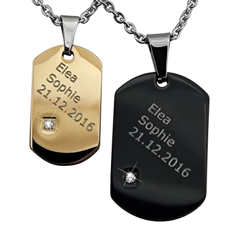 Hanessa 2 Stück Personalisierte Kette mit Gravur Edelstahl 50 cm mit Anhänger Dog Tag mit Strass-Stein in silber rosegold schwarz - Personalisierte Geschenke für Damen Herren Freundin Freund