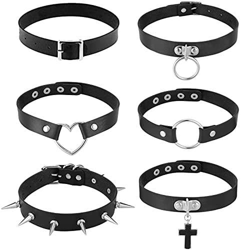 Heyu Lotus 6 Stücke Leder Gotik Punk Rock Lederhalsband Set, Leder Schwarz Einstellbar Kragen Halsband mit Spike Nieten Kreis