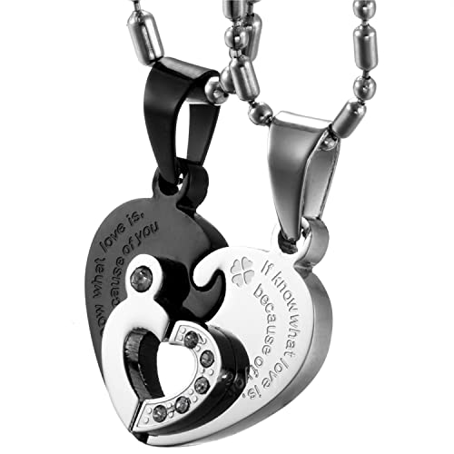OIDEA Paar Halskette Herz Puzzle: 2 Stück Kette Freundschaftskette für 2 Edelstahl Schwarz Silber mit Anhänger Schmuck Geschenk für Paare Pärchen Partner