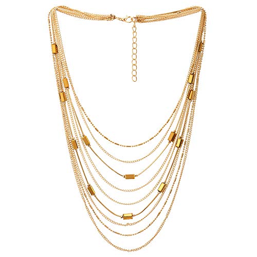 COOLSTEELANDBEYOND Gold Statement Choker Kragen Halsband Halskette Wasserfall Multi-Schichten Kette mit Rechteck Kristall Perlen Charme