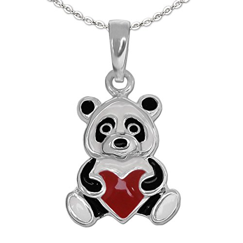 CLEVER SCHMUCK Kinder Halskette Anhänger kleiner Pandabär 10 mm mit Herz rot + Kette Anker 40 cm Sterling Silber 925 im Etui weiß