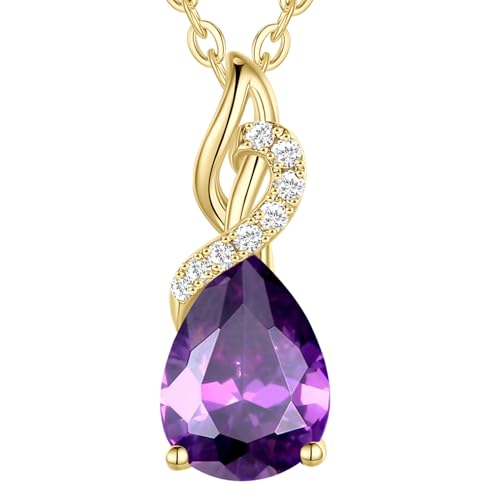 FANCIME Solide 14 Karat 585 Gelb Gold Anhänger Kette mit Tropfen Amethyst und echt 0.28ct Diamant Geschenk Schmuck für Damen, 925 Silber Kette: 40 + 5 cm
