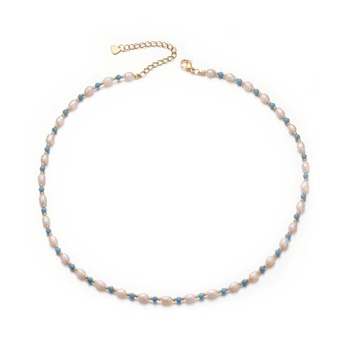Aleasha Perlenkette Damen Boho Blau Türkis Steine Kette süßwasserperlen Strand Halskette Edelstahl Handgefertigte Schmuck 40+5cm