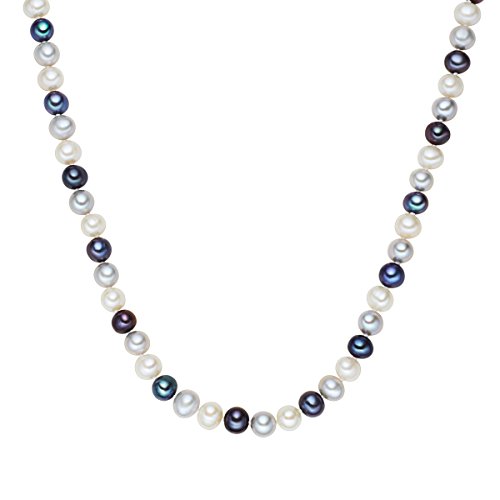Valero Pearls Damen-Collier Kette 925 Silber rhodiniert Perle Süßwasser-Zuchtperle weiß hellgrau pfauenblau - Perlenkette mit echten Perlen