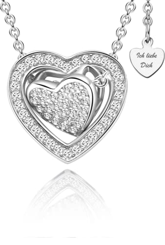LOVENEST Herzkette Silber 925 **3-in-1** Halskette Damen Kette *Ich Liebe Dich* Herz-Anhänger Silberkette Echt Schmuck Geburtstagsgeschenk Jahrestag Hochzeitstag Geschenke für Frauen Freundin