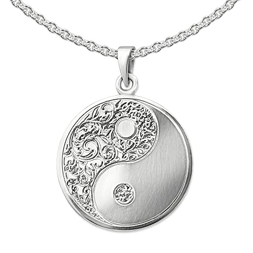 CLEVER SCHMUCK Set Halskette Damen Anhänger Yin Yang 20 mm Ø elegantes florales Muster mit Kette Erbs 45 cm STERLING SILBER 925 im Etui weiß