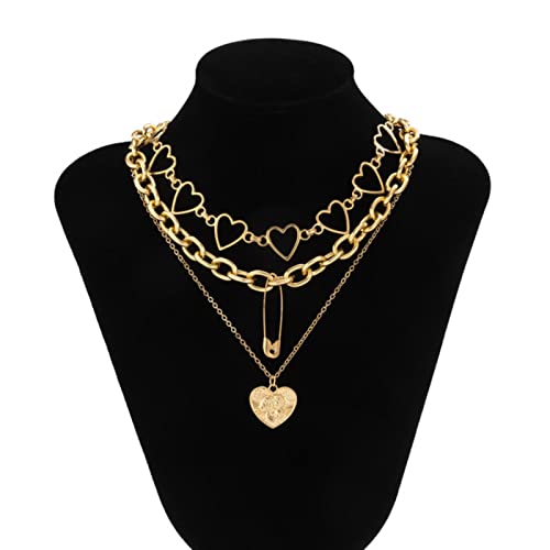 Vinatge Halskette mit Herz-Anhänger, mehrlagig, Gold, Silber, Kette, Statement-Anhänger, Modeschmuck, Gold 2668