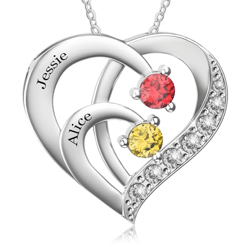 Easycosy Namenskette mit Gravur - personalisierte Kette mit 2 3 4 Namen Geburtssteinen Damen Herz Anhänger Halskette - liebevolle personalisierte Muttertaggeschenke für Mama, Oma zum Muttertag