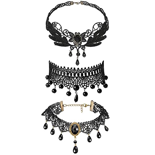 JewelryWe Schmuck 3 PCS Choker Halsband Halskette Set Schwarz Samt Stretch Vintage Gothic Quasten Tattoo Spitze Collar Choker Halsketten Ketten für Halloween Party Cosplay Damen Mädchen Geschenk