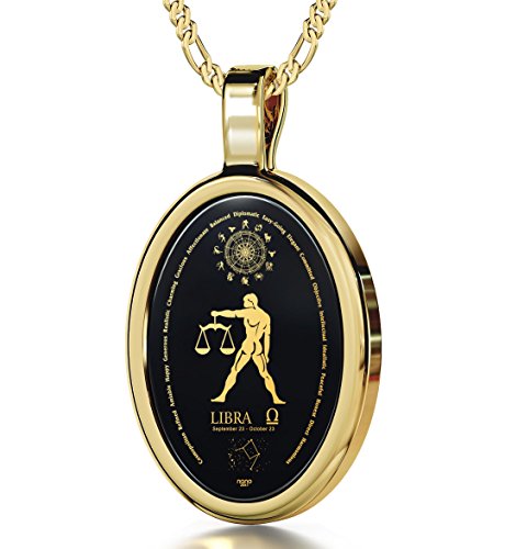 14k (585) Gelbgold Horoskop Halskette Sternzeichen Waage Graviert mit 24k Gold auf 15x21mm Schwarzem Onyx Anhänger, 45cm 925 Sterling Silber Vergoldet Kette