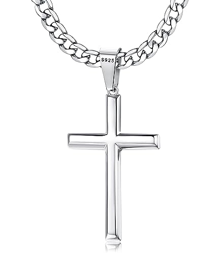 Chriscoco Kreuz Kette für Herren Damen 925 Sterling Silber Kreuz Anhänger mit Edelstahl Kubanische Kette Halskette 5MM Breit Silber Kette für Herren
