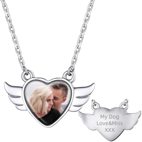 Supcare Halskette Silber Herz Kette Damen Foto Kette mit Gravur Flügel Anhänger mit Bilder Namen S925 Silberkette Custom Heart Photo Memorial Necklace Personalisiert Modeschmuck für Weihnacht