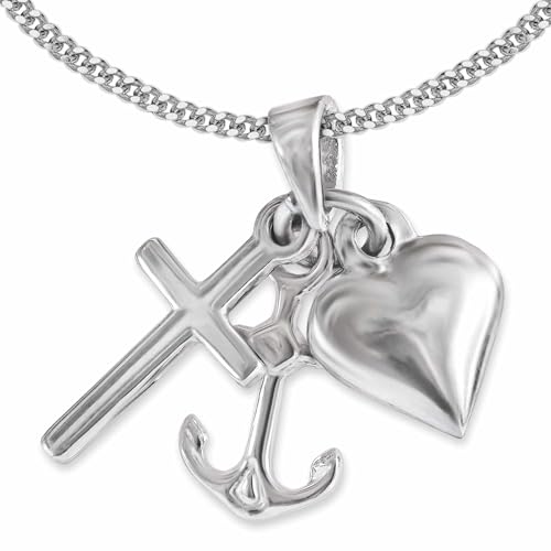 CLEVER SCHMUCK Glaube Liebe Hoffnung Halskette Anhänger 3-teilig Silberkreuz Herz Anker mit Kette Panzer 45 cm Sterlig Silber 925 im Schmucketui