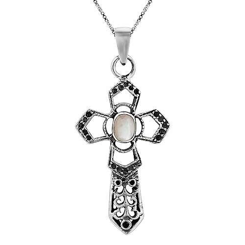 WeLoveSilver Silberkette mit Anhänger, durchbrochenes Kreuz mit Markasit-Steinen und Herz aus Perlmutt, 19 mm x 25 mm, Metall, Perle
