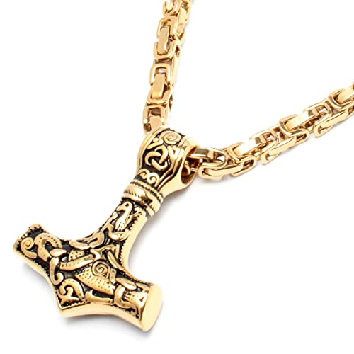 Goldener Mjölnir Thors Hammer aus vergoldetem 316L Edelstahl mit Königskette Wikingerschmuck gold Germanen-Kette Männer-Schmuck Geschenk