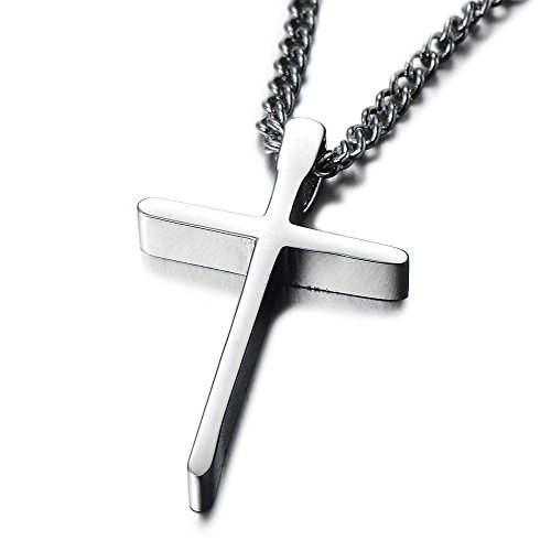 COOLSTEELANDBEYOND Unisex Sehr Kleinen Kreuz Anhänger Halskette für Damen für Herren Edelstahl Farbe Silber mit 50cm Seil-Kette