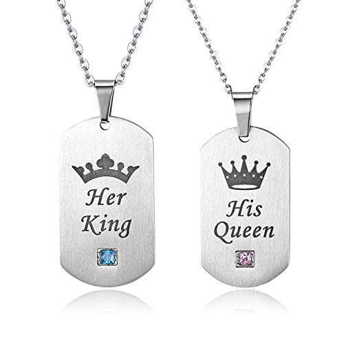 Cupimatch Paare Halskette mit Gravur“His Queen””Her King” für Sie und Ihn Zirkonia Edelstahl Kette Verheiraten Geschenk, Silber