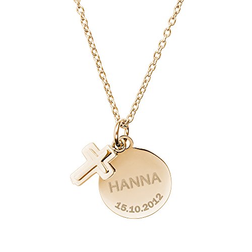 Gravado Mondgold Kette aus Gold-Edelstahl mit 2 Anhängern, Kreis und Kreuz, Personalisiert mit Namen, Karabinerverschluss, Mädchen Schmuck, Länge 50 cm