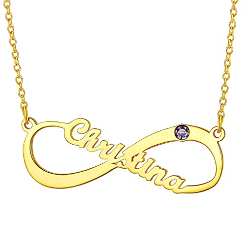 Bandmax Damen Geburtsstein Namenskette personalisiert Unendlichkeitszeichen Anhänger mit Namen 18k vergoldet 40+5cm Schlüsselbein Kette einzigartiger Modeschmuck für Freundin Ehefrau