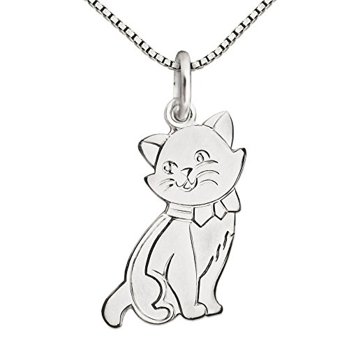 CLEVER SCHMUCK Damen Katzen Anhänger 16 mm mit Silberkette 45 cm Katze klassisch flach Sterling Silber 925 im Etui weiß