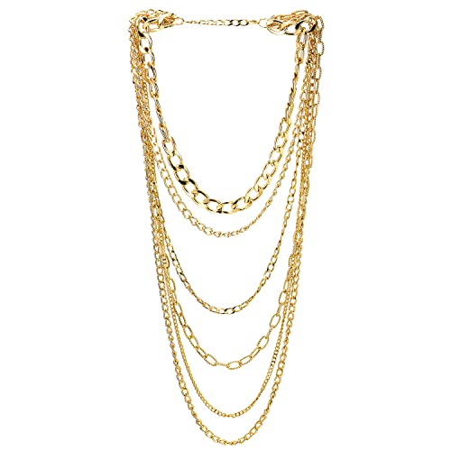 COOLSTEELANDBEYOND Gold Statement Halskette Wasserfall Multi-Schichten Panzerkette Gliederkette Rolo Kette Punk-Rock-Biker Cool Leicht