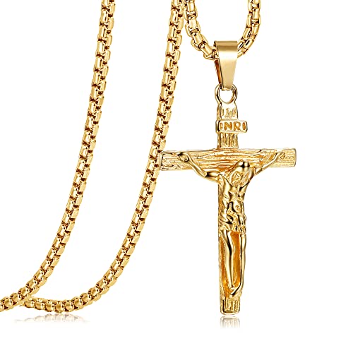 JeweBella Kreuz Halskette Herren Edelstahl Jesus Kruzifix Anhänger Halskette mit venezianischer Kette 61 CM Silber/Gold/Schwarz Religiöser Schmuck Geschenk (B:Gold)