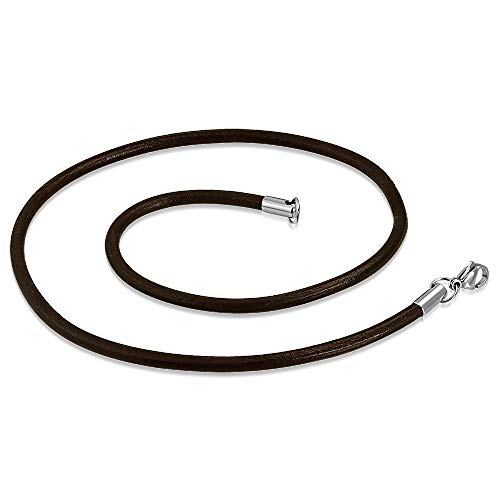 BlackAmazement 316L Edelstahl Halskette Leder Kette Glatt Rund Kettenstärke 3mm Kettenlänge 40cm 60cm Karabinerverschluss schwarz dunkelblau Burgunderrot Damen Herren (Braun, 60)