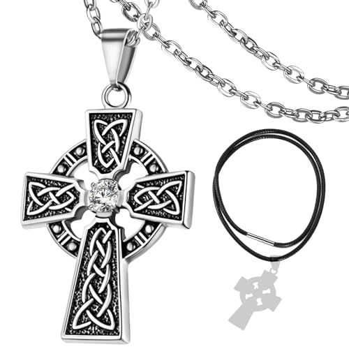 DXIUORF Gothic Vintage Kreuz Anhänger Halskette Edelstahl Unisex mit 2 Silber Kette 55-60cm, große Punk Kreuz Halskette Geschenk für Männer Jungen