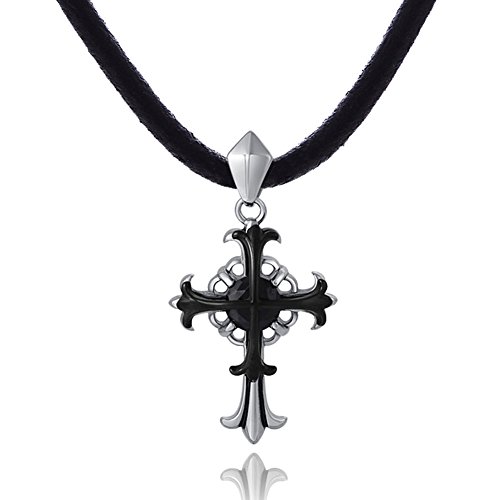 DonDon Herren Halskette Kautschuk 50 cm und Anhänger Kreuz zweifarbig aus Edelstahl mit schwarzem Stein in einem Samtbeutel