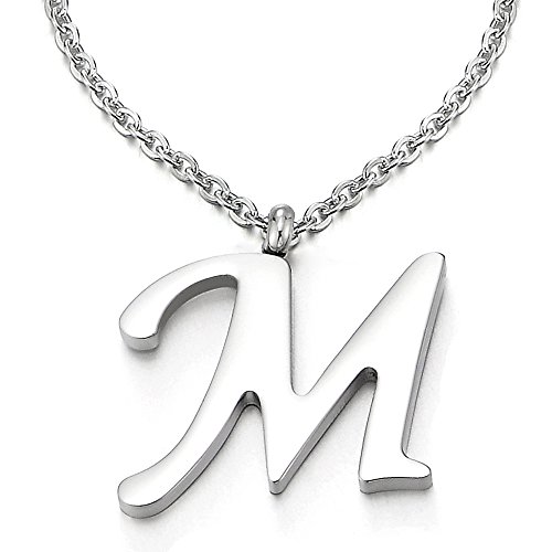 COOLSTEELANDBEYOND Name Initiale Alphabet Buchstaben A bis Z Anhänger Edelstah Halskette für Damen Herren mit 50cm Stahl Seil-Kette - M