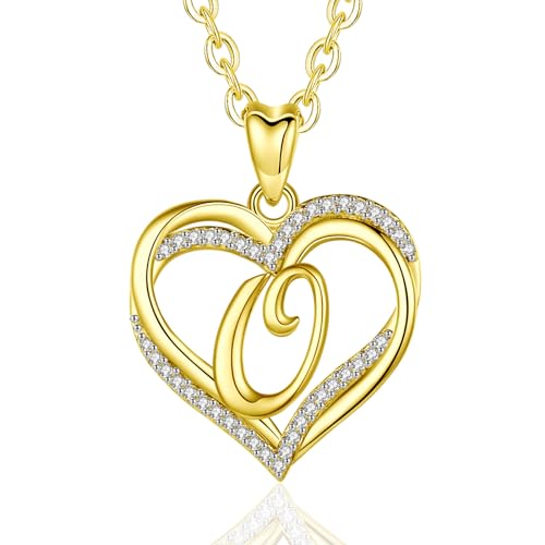 INFUSEU Kette mit Buchstaben, Alphabet O Initial Halskette 18K Gold Letter A-Z Anhänger Cubic Zirconia CZ Name Doubleherz Schmuck 20 Zoll Kette Personalisierte Geschenke für Frauen Mädchen