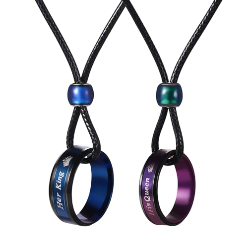 JewelryWe Paar Halskette Freundschaftsketten mit Ring: 2pcs Edelstahl Partner Anhänger mit Gravur Her King His Queen Krone Pärchen Kette für Sie und Ihn Valentinstag Lieben Geschenk für Herren Damen